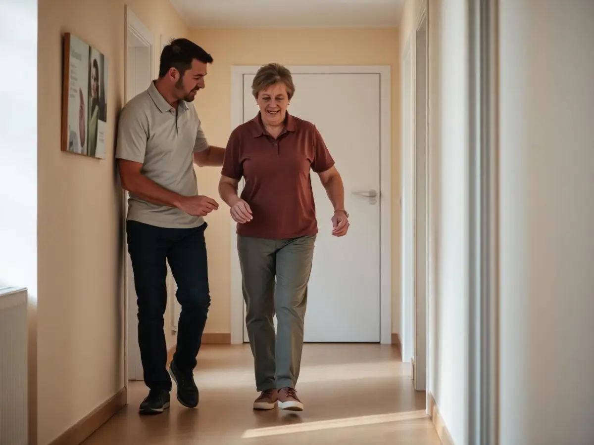 Travail de la marche et de l'équilibre dans le couloir d'un appartement, accompagné par un physiothérapeute