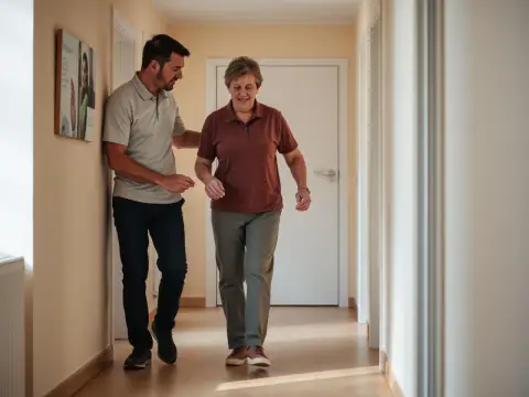 Travail de la marche et de l'équilibre dans le couloir d'un appartement, accompagné par un physiothérapeute