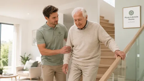 Physiothérapeute accompagnant un homme âgé dans la remontée d'un escalier après une chirurgie orthopédique