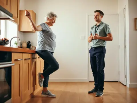 Femme âgée travaillant son équilibre en appui sur un plan de travail, surveillée par un physiothérapeute